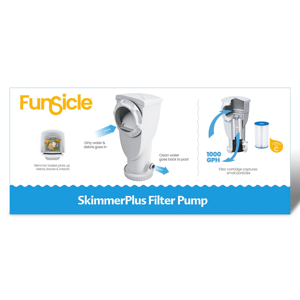 Funsicle SkimmerPlus 1000 GPH 2-in-1 Filter Pump and Skimmer System with Clamps and 1.5" Hose Fitting for Above Ground Swimming Pools