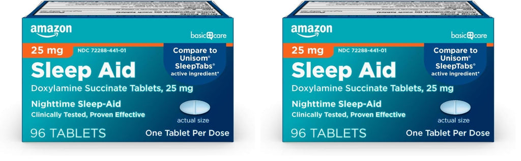 Amazon Basic Care Nighttime Sleep Aid Tablets for Adults, Doxylamine Succinate 25 mg, 96 Count (Pack of 2)