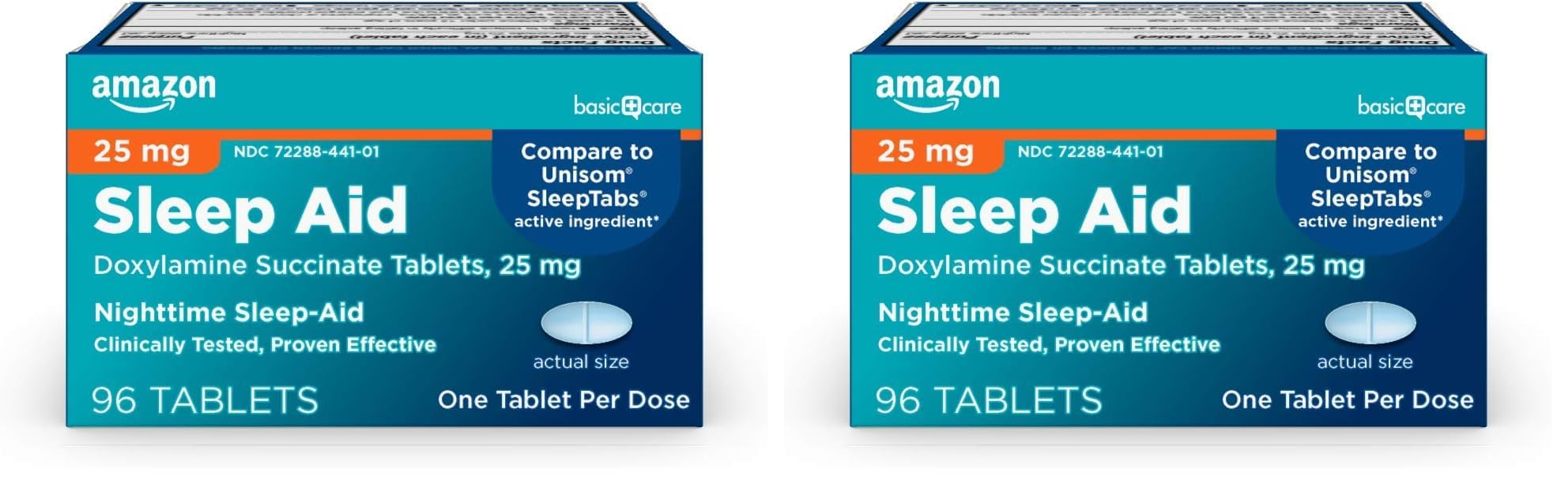 Amazon Basic Care Nighttime Sleep Aid Tablets for Adults, Doxylamine Succinate 25 mg, 96 Count (Pack of 2)