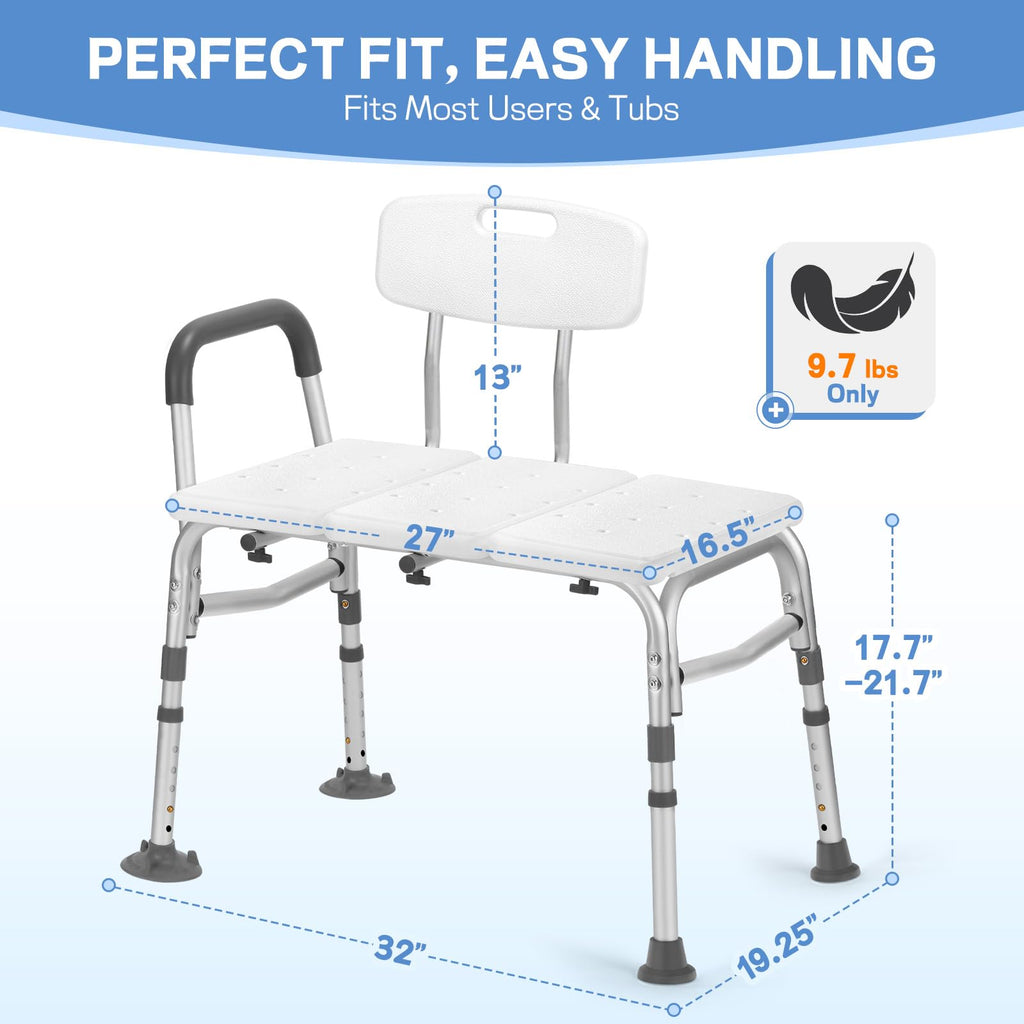 Tub Transfer Bench for Bathtub, Height Adjustable Shower Bench with Backrest, Shower Chair Bath Seat for Elderly, Seniors, Arm Support for Transfer