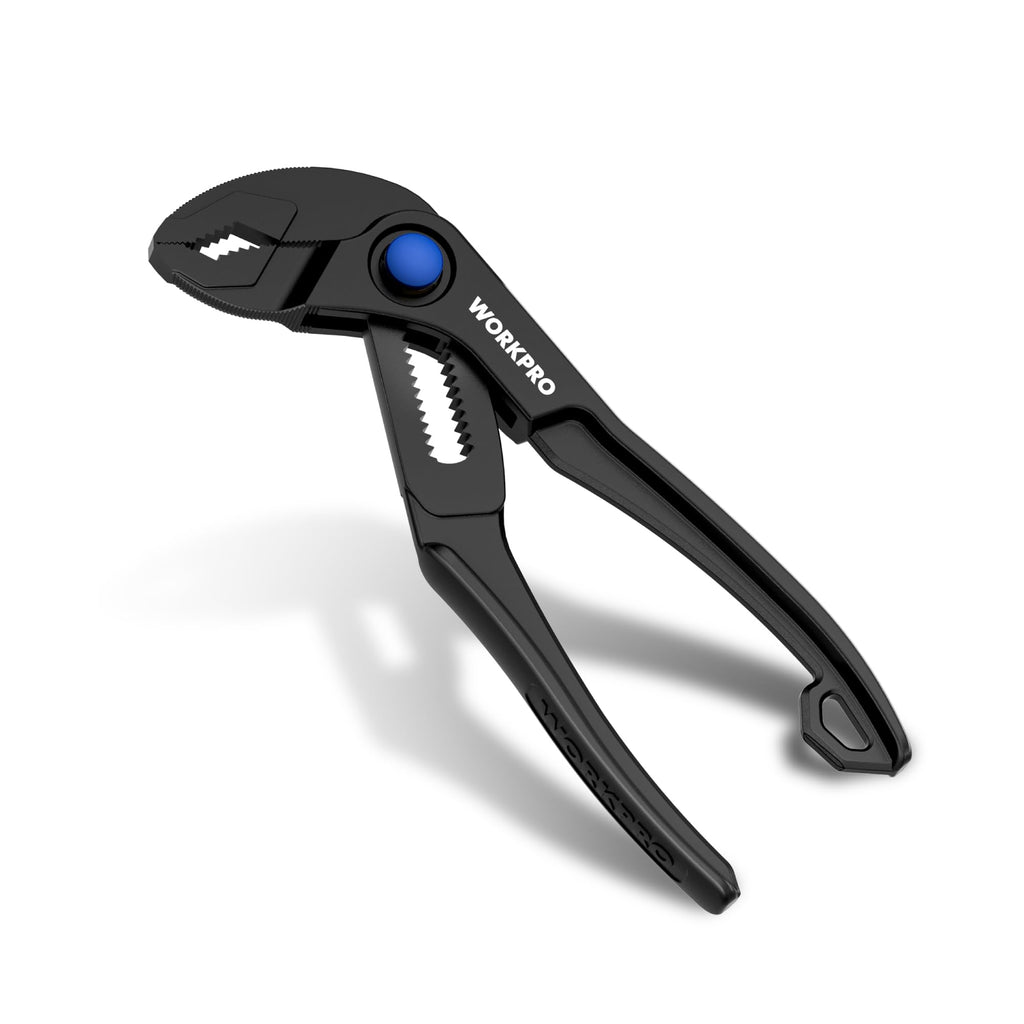 WORKPRO Mini Water Pump Pliers, 4-Inch Groove Joint Pliers, Fast Adjustable Tongue and Groove Pliers with 15-Position Push-Lock, V-Jaw for Multi-Surface Grip, Ideal for Tight Spaces and Versatile Use