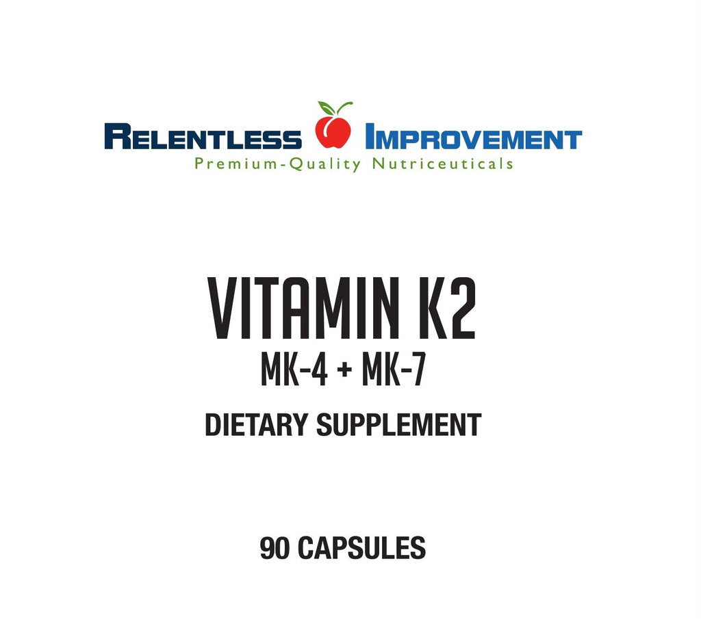 Relentless Improvement Natural Vitamin K2 MK4 Plus Vitamin K2 MK7 High-Potency 15,000mcg MK-4 + 60mcg MK-7 Supports Bone and Arterial Health Vegi-Capsules Soy-Free