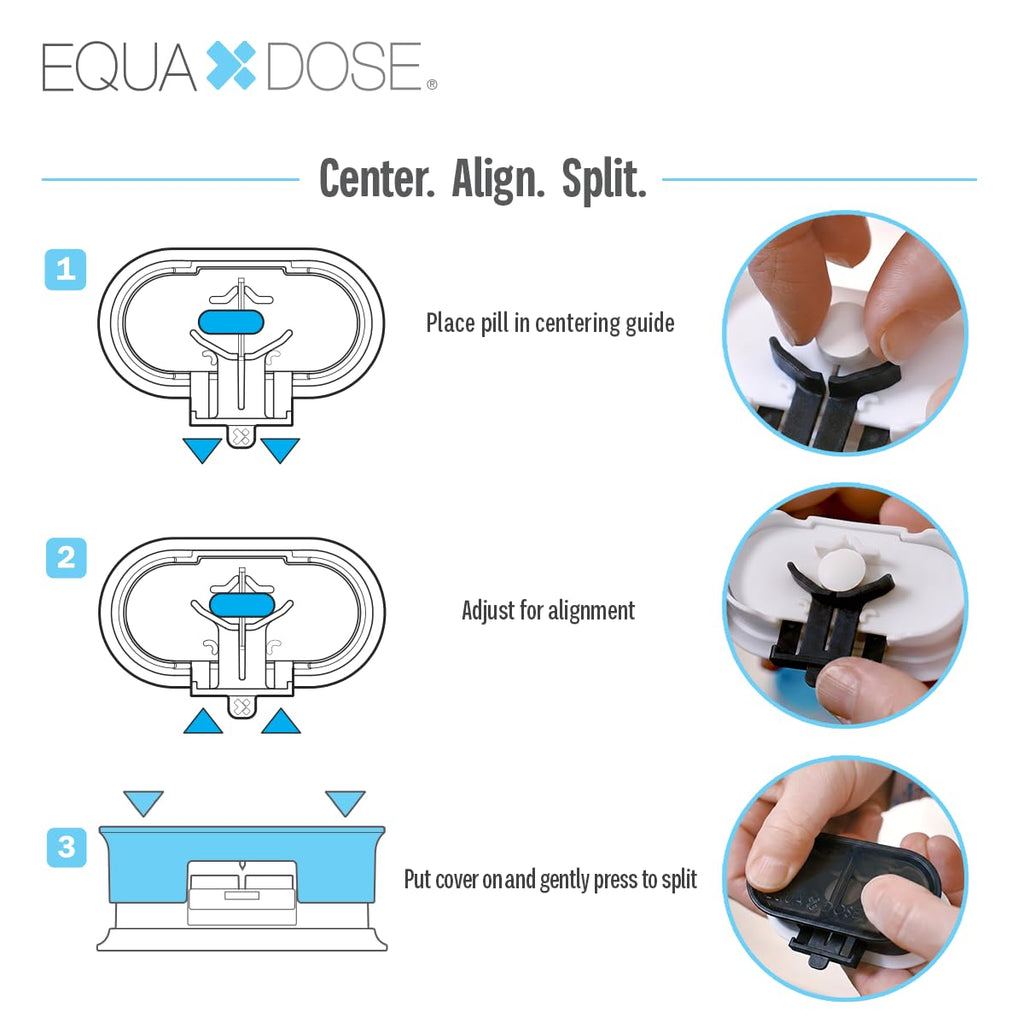 EQUADOSE Precision Pill Splitter with Centering Guide, Dual Stainless-Steel Blades for Small & Large Tablets, Accurate Halves & Quarters for Medication, Vitamins and Pet Pills, Black