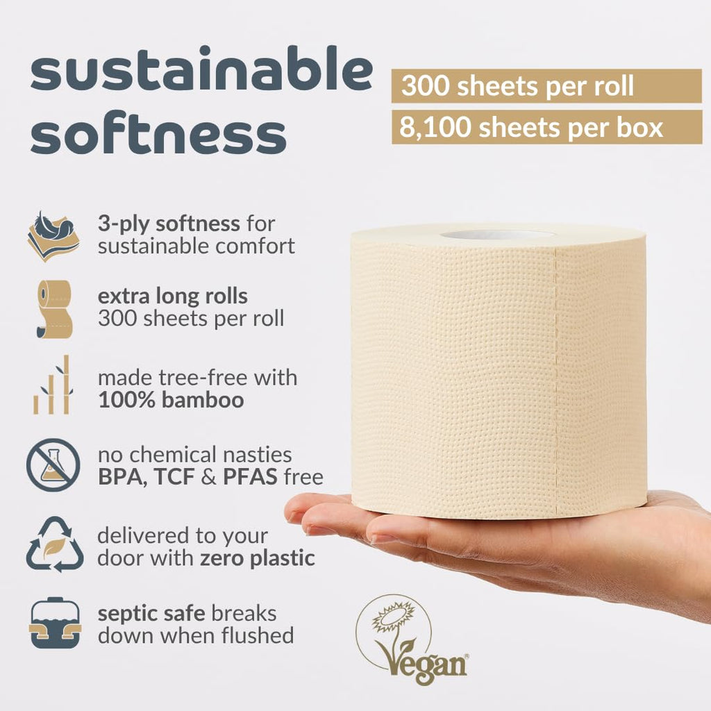 Bumboo Bamboo Toilet Roll 24 Pack | Unbleached Toilet Paper 3 ply, 300 Sheets | Eco Toilet Rolls | Plastic-Free, Soft, Strong & Sustainable Toilet Tissue, Beige