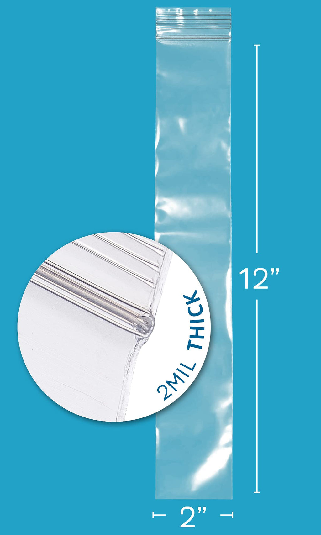12,000 Case - 2" x 12" Long Zip Bags, 2 Mil, Clear Plastic Reclosable Zipper Poly Baggies, with Resealable Zip Top Lock Seal, for Incense, Necklaces, Jewelry, Medical Supplies, Beads & Seeds