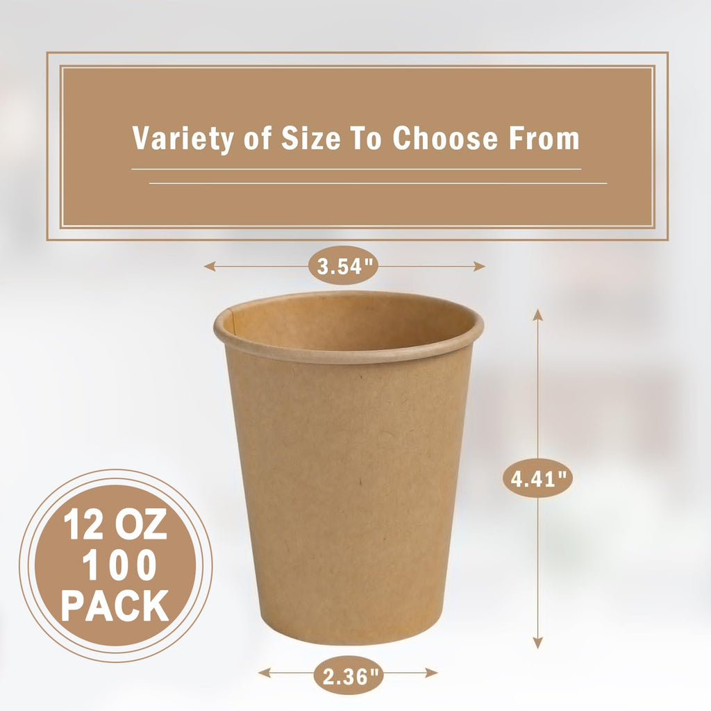 Lamosi 100 Count 12 oz Paper Cups, Disposable Kraft Paper Coffee Cups 12 Ounce for Hot/Cold Beverages, Water, Party, Picnic, Travel, Events