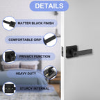 RAZCC Privacy Interior Door Lever, 2 Pack Heavy Duty Matte Black Door Handles Square Door Knobs for Bedroom & Bathroom Keyless Door Lock Handles for Right & Left Sided Doors