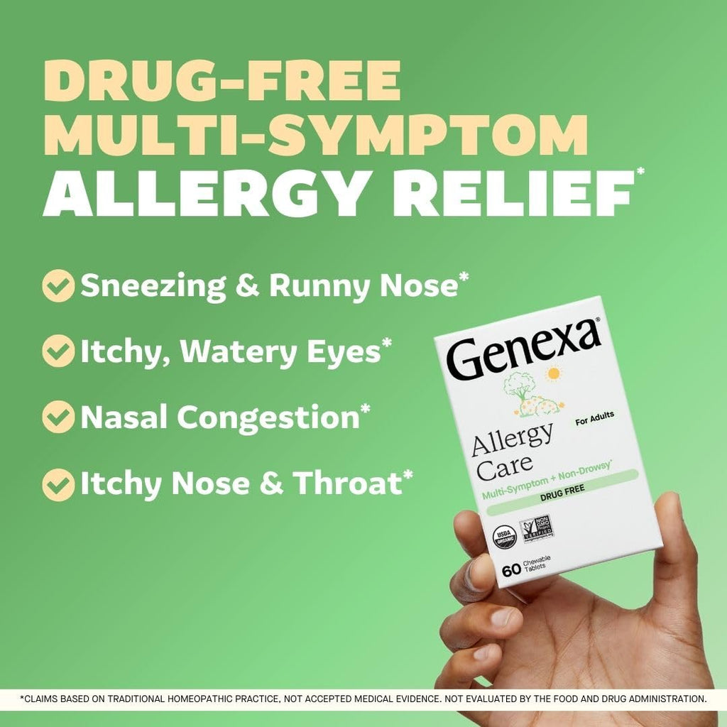 Genexa Allergy Care | Drug Free, Non-Drowsy Allergy & Decongestant Relief for Adults | Vegan & Non-GMO | Homeopathic Allergy Relief Made Clean | Organic Acai Berry Flavor | 180 Chewable Tablets