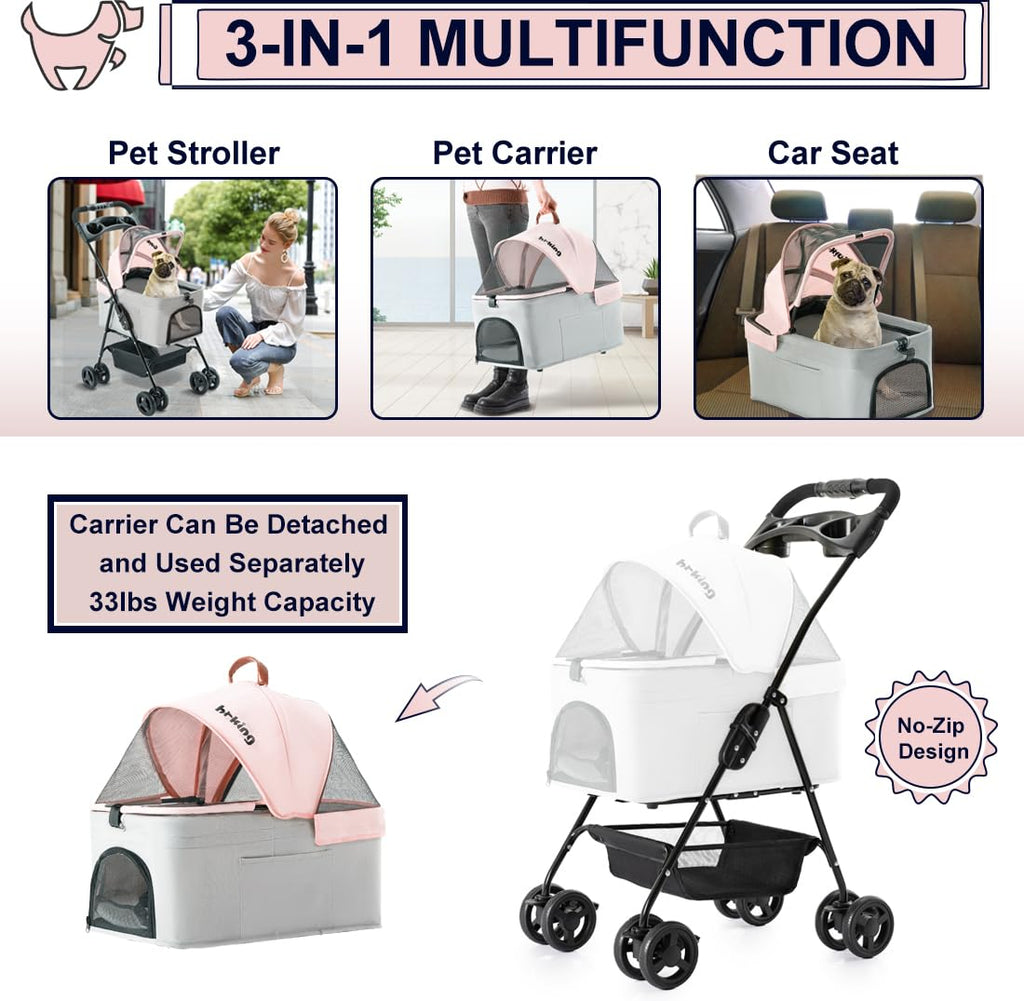 LPOTIUS 3-in-1 Pet Stroller for Small Dogs and Cats, Folding Lightweight Dog Stroller with Detachable Carrier Portable Cat Puppy Jogging Stroller with Cup Holder and Storage Basket, 4 Wheels