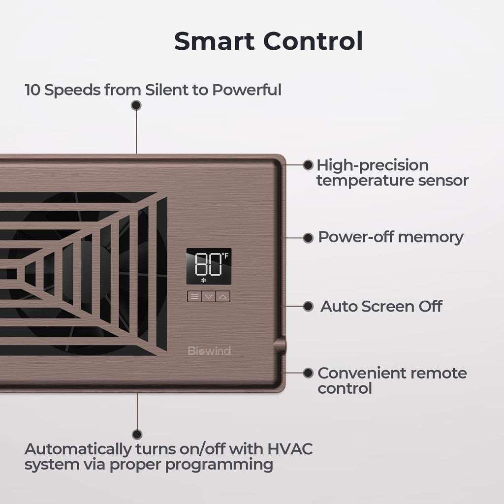 BIOWIND Quiet Register Booster Fan Fits 4" x 10" Register Holes, 10-Speed Smart Heating Cooling AC Vent Fan with Remote Control and Thermostat Control - Bronze