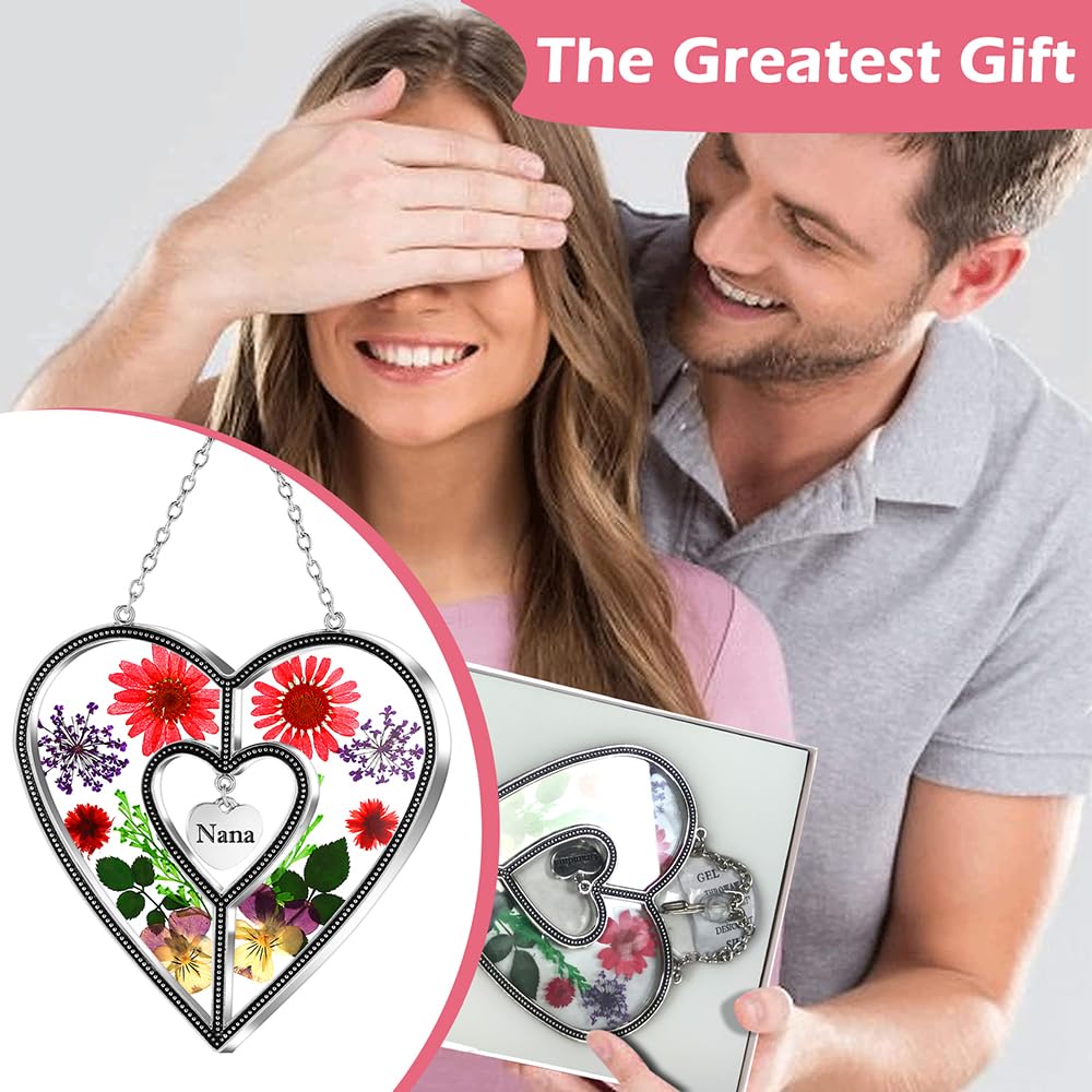 KY&BOSAM Nana Gifts Heart Suncatchers Pressed Flower Glass Window Hanging