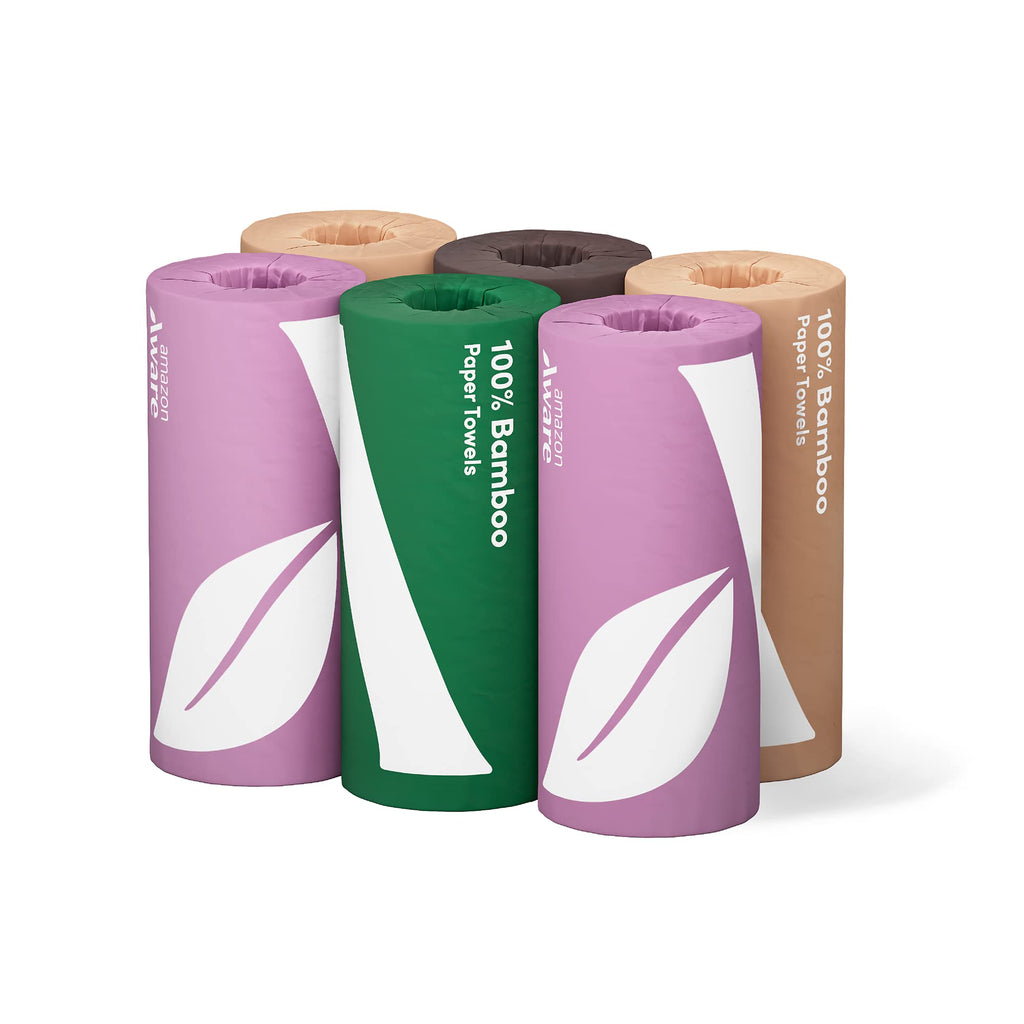 Amazon Aware Bamboo Paper Towels, 6 Rolls, 2 ply, 150 Sheets, 900 Count, Plastic-Free, Multicolor