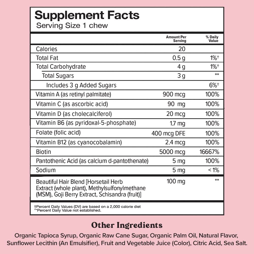 Chewsy - Beautiful Hair - Support for Stronger, Healthy Hair - with Biotin, Horsetail Extract, Goji Berry & Vitamins - Sweet Raspberry, 30-Day Supply