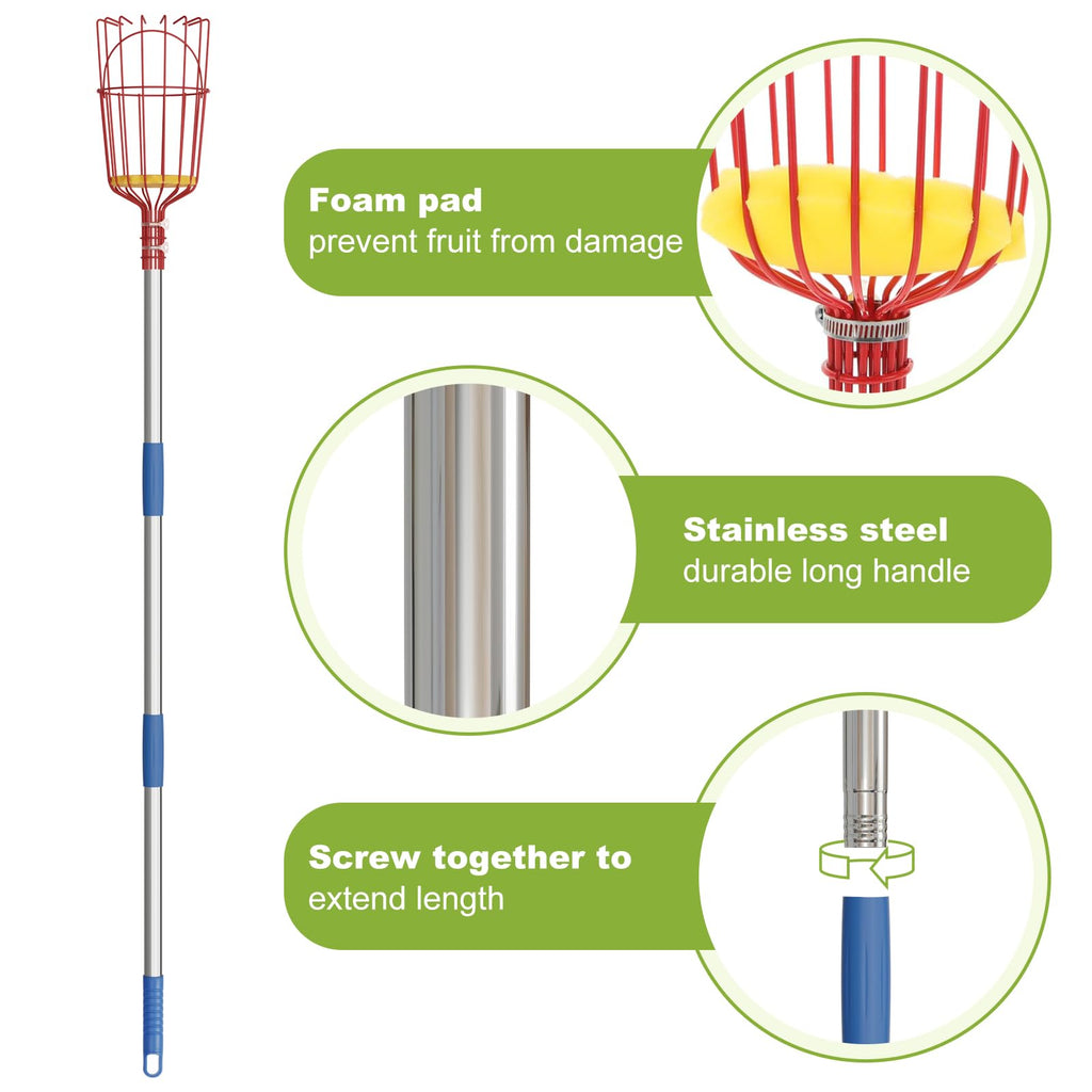 Fruit Picker, 8 ft Long Fruit Picker Pole with Basket Telescoping, Apple Fruit Tree Picker with Pole Extendable, Fruit Grabber & Cather with Stainless Steel Pole for Mango, Orange, Fig, Lemon