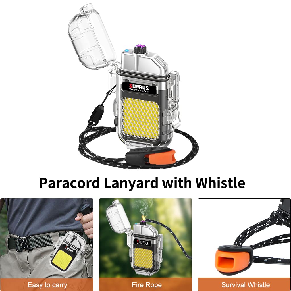 SUPRUS Waterproof 3 Modes of Flashlight Windproof Lighter Dual Arc Electric Rechargeable Dual Arc Plasma Lighter with Survival Emergency Whistle and Lanyard (Black, 2Packs)