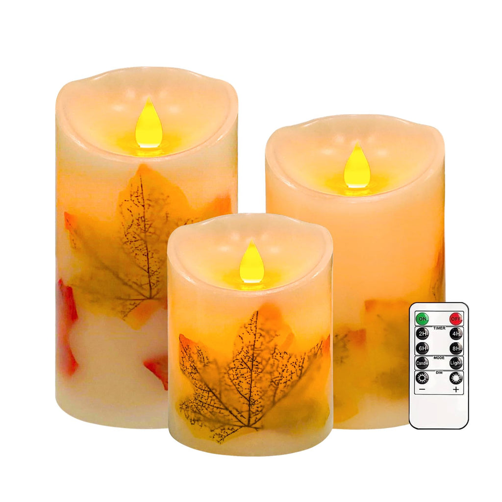 Maple Leaf Flameless Candles Set of 3, Fall Candles with Remote & Timer