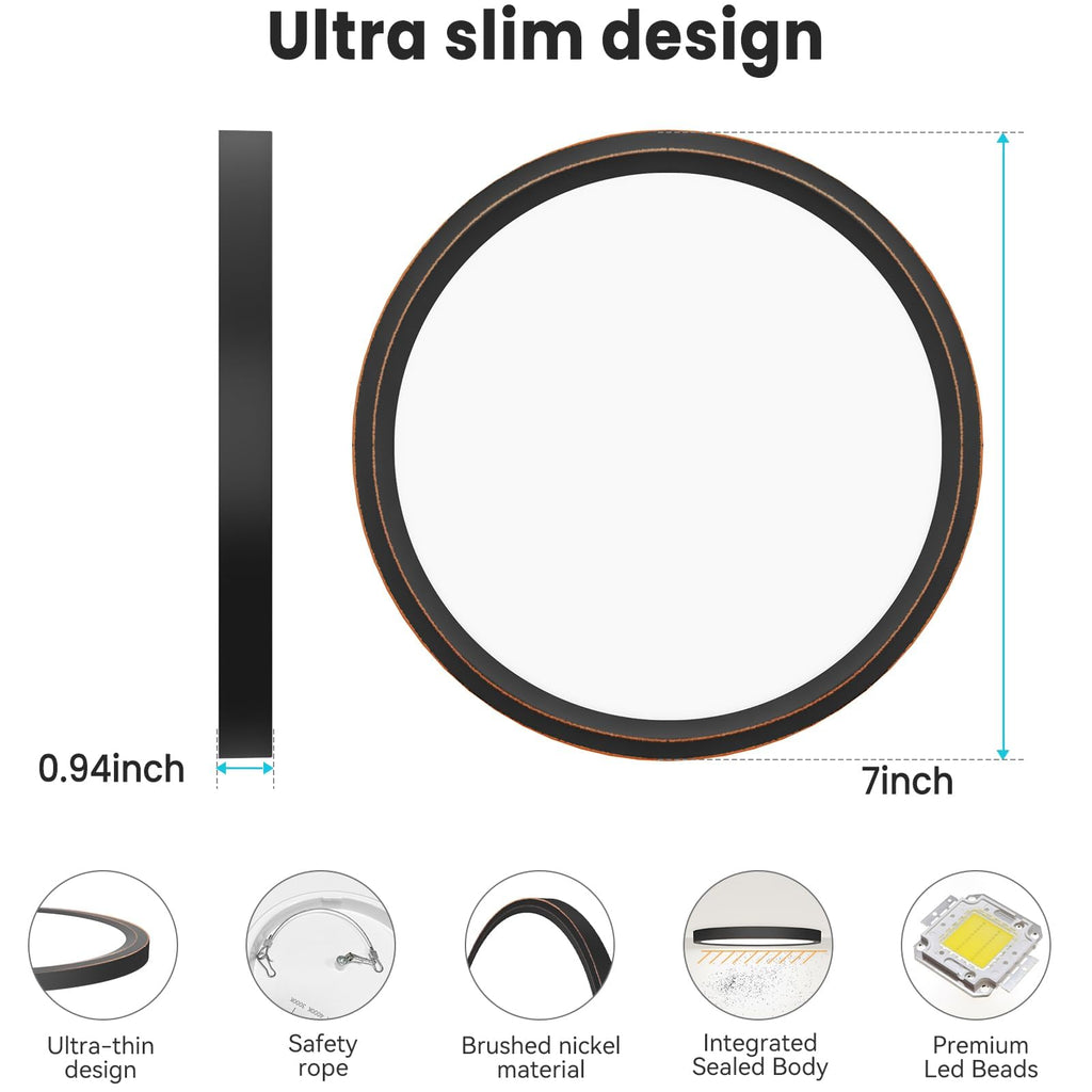 libtit 7 Inch Oil Rubbed Bronze Flush Mount Ceiling Light, 15W Ceiling Light Fixture,3000K/4000K/6500K Color Selectable,Ultra-Thin Round Ceiling Lighting Fixture for Bedroom Kitchen Pantry Basement