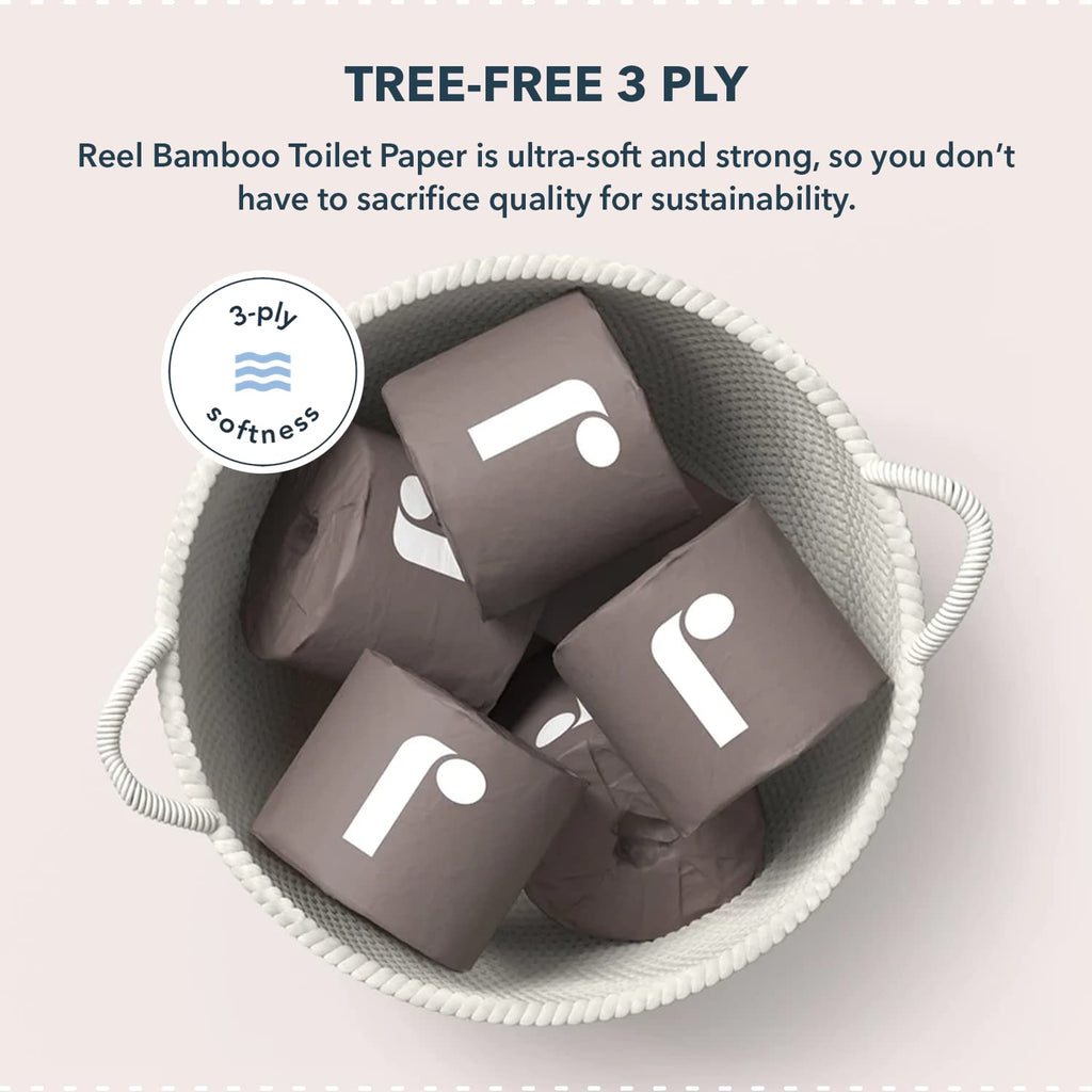 Reel Premium Bamboo Toilet Paper - 12 Rolls of Toilet Paper - 3-Ply Made From Tree-Free - Zero Plastic Packaging, Septic Safe