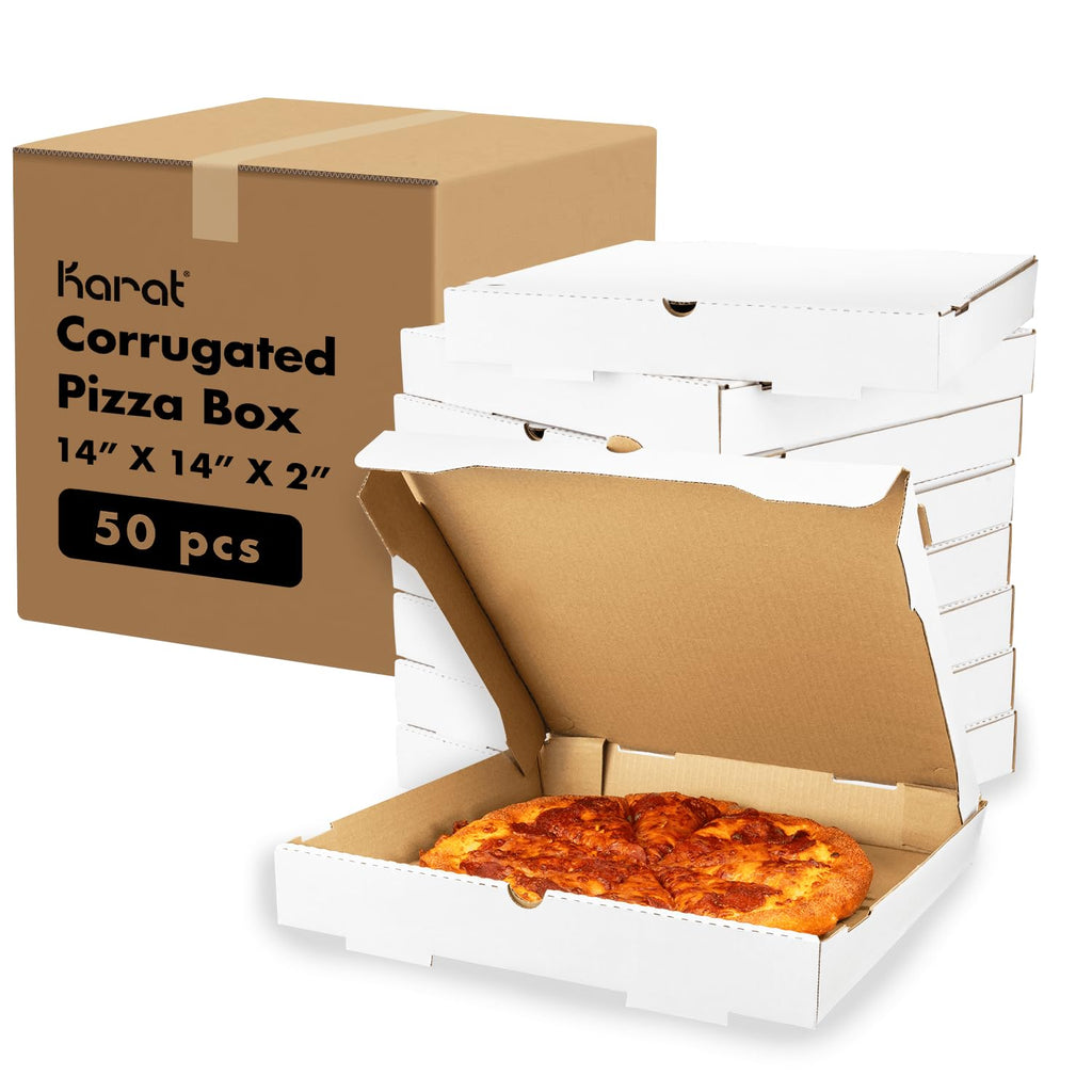 Karat Corrugated Pizza Boxes 14" x 14" x 2" [50 Pack] – Ventilated, Grease-Resistant, Durable for Pizza, Catering or Shipping Use