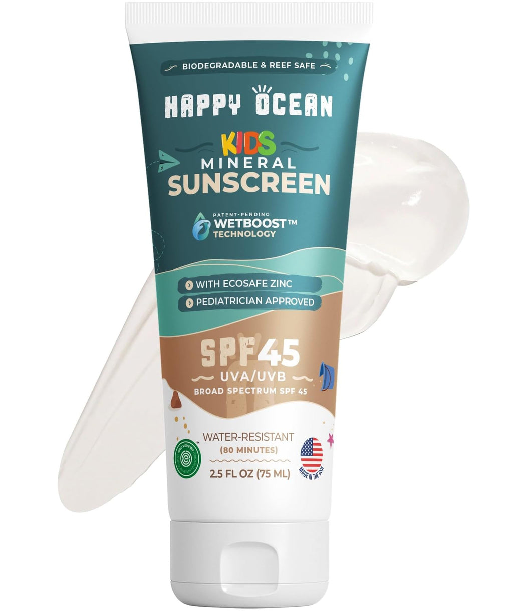 Happy Ocean SPF 45 Reef Safe Mineral Sunscreen for Kids & Sensitive Skin with Non-Nano Zinc Oxide, Non Toxic Kids Sunscreen for Face & Body, Natural Organic Sunblock, Travel Size, Vegan 2.5 Fl Oz