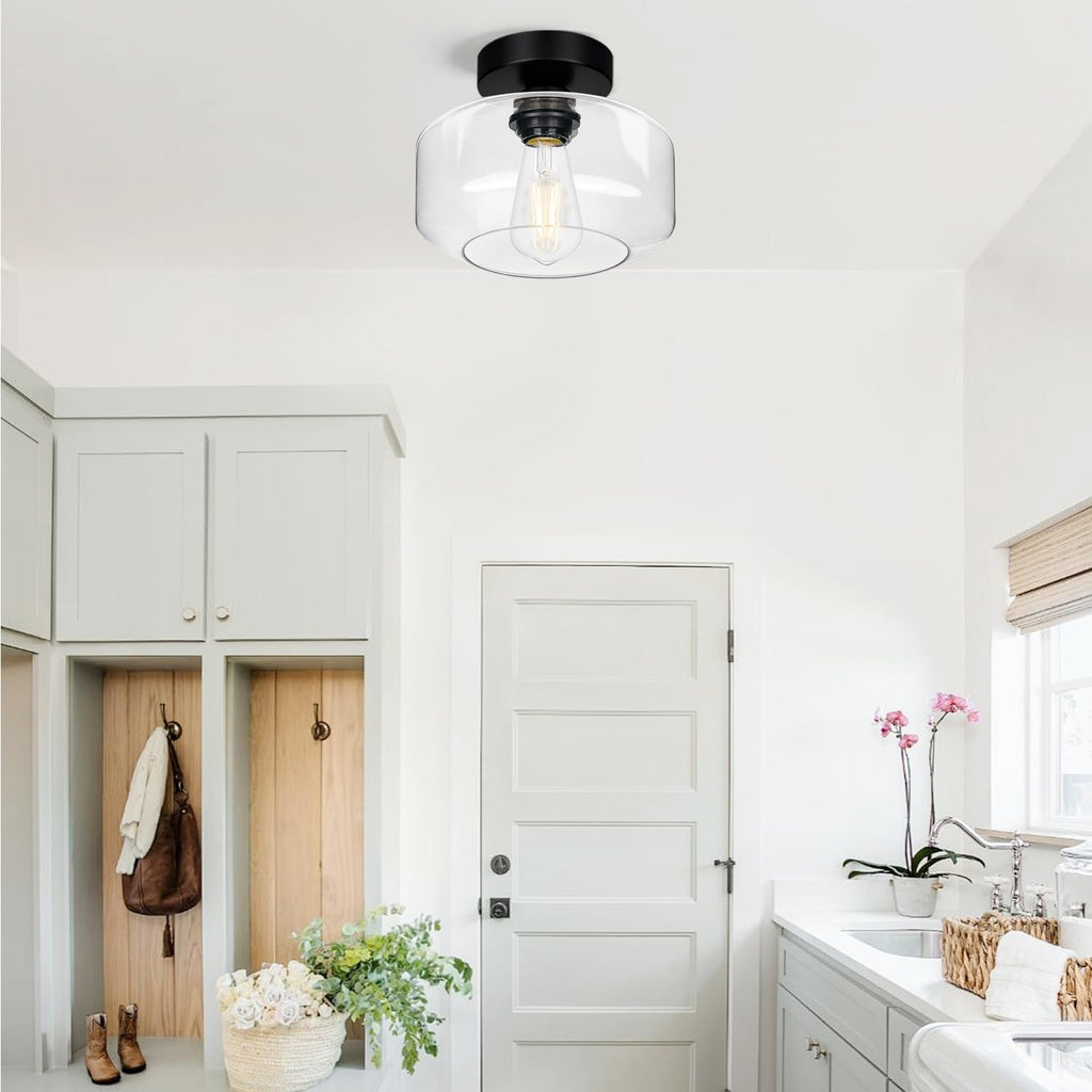 Lynnoland Industrial Semi Flush Mount Ceiling Light Black, Clear Glass Shade Ceiling Light Fixture, Farmhouse Light Fixtures for Hallway Corridor Kitchen Bathroom Bedroom Passway Foyer