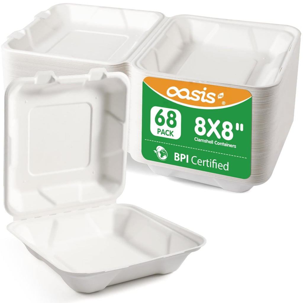 OasisSN 8×8", 68-Pack Disposable Clamshell Take Out Food Containers, Biodegradable Paper To Go Boxes for Burgers, Sandwiches, Fries & More (White)