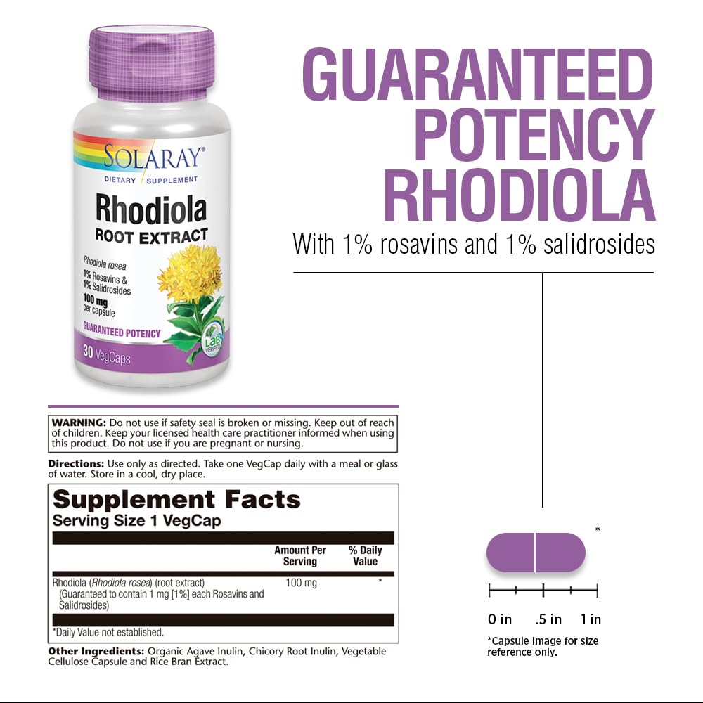 SOLARAY Rhodiola Root Extract 100mg - Rhodiola Rosea Supplement - Powerful Herbal Support for Women and Men with 1% Rosavins, 1% Salidrosides - Non GMO, Vegan, Lab Verified - 30 Servings, 30 VegCaps