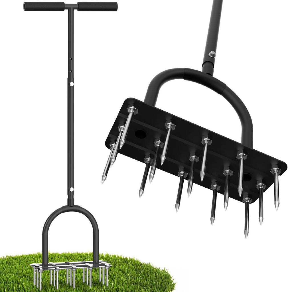Aerator Lawn Tool Lawn Aerator -Heavy Duty Manual Grass Aerator with 15 Iron Spikes, Height Adjustable, Yard Aerator Tool for Lawn（Black）