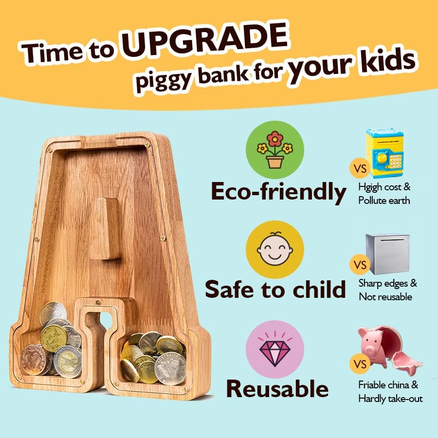 Summidate Customized Name Large Wooden Piggy Bank for Kids Boys Girls Alphabets Letter A-Z Coins Bills Money Change Bank Box Initial on Clear Cover (Laser Engraved) (Alphabet-Y, Personalized-9")