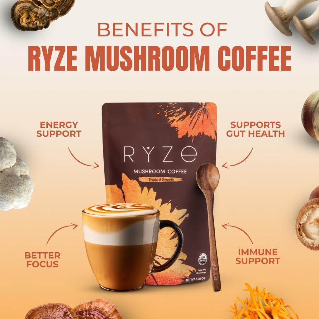 RYZE SUPERFOODS Mushroom Medium Roast Coffee Starter Kit, USDA Organic Instant Coffee with 6 Adaptogenic Mushrooms and for Energy, Focus, Digestion, Immunity with Lions Mane & Turkey Tail 60 Serving