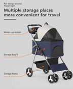 OS MOTOR Pet Stroller with 4 Wheels for Small/Medium Pets,Travel Foldable Detachable Carrier for Dog Cat Cage Jogger Stroller, Rear Wheel Breaks, Storage Basket, Visible Mesh Weather Cover (Navy Blue)