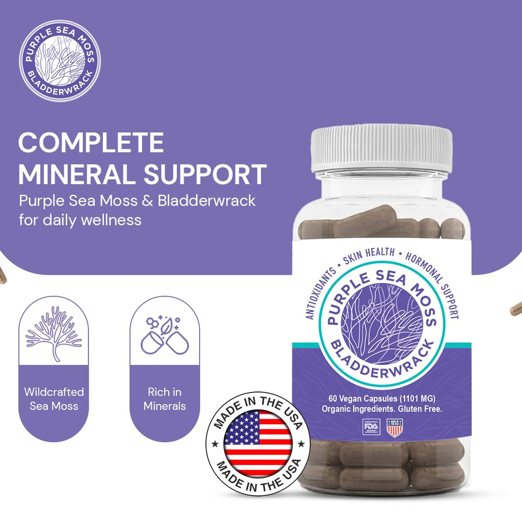 BocaHeal Purple Sea Moss + Bladderwrack Capsules | 2202mg Complete Nutrient Profile - Wildcrafted & Wildharvested Seaweed Blend for Daily Wellness – 60 Seamoss Pills & Sea Moss Capsules | Made in USA