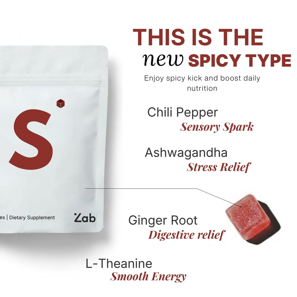 ZAB Spicy Gummies Cubes Ashwagandha 45mg with L-Theanine & Caffeine – Energy, Calm & Mood Support Gummies for Couples – Vegan Yellow Peach Flavor, 60 Count