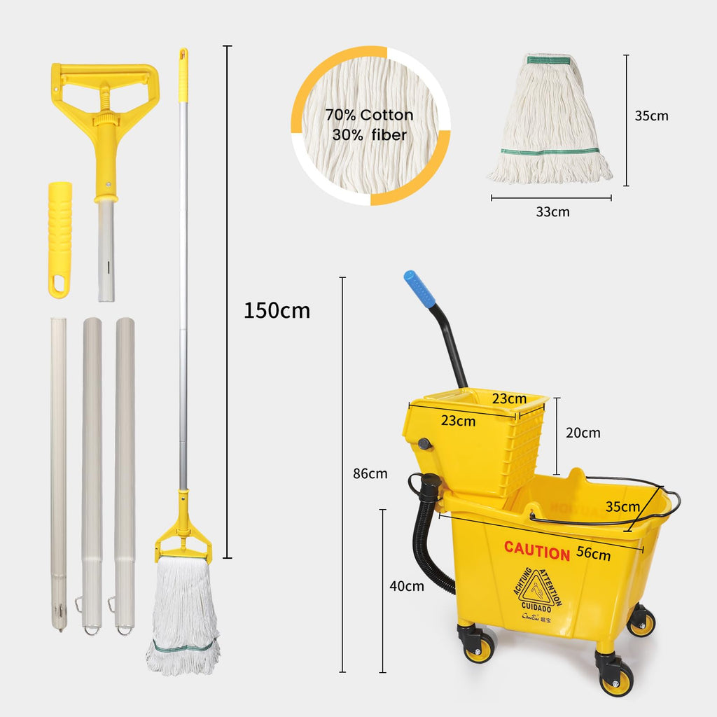 35Qt Commercial Mop Bucket with Side Press Wringer on Wheels and Drain Hose
