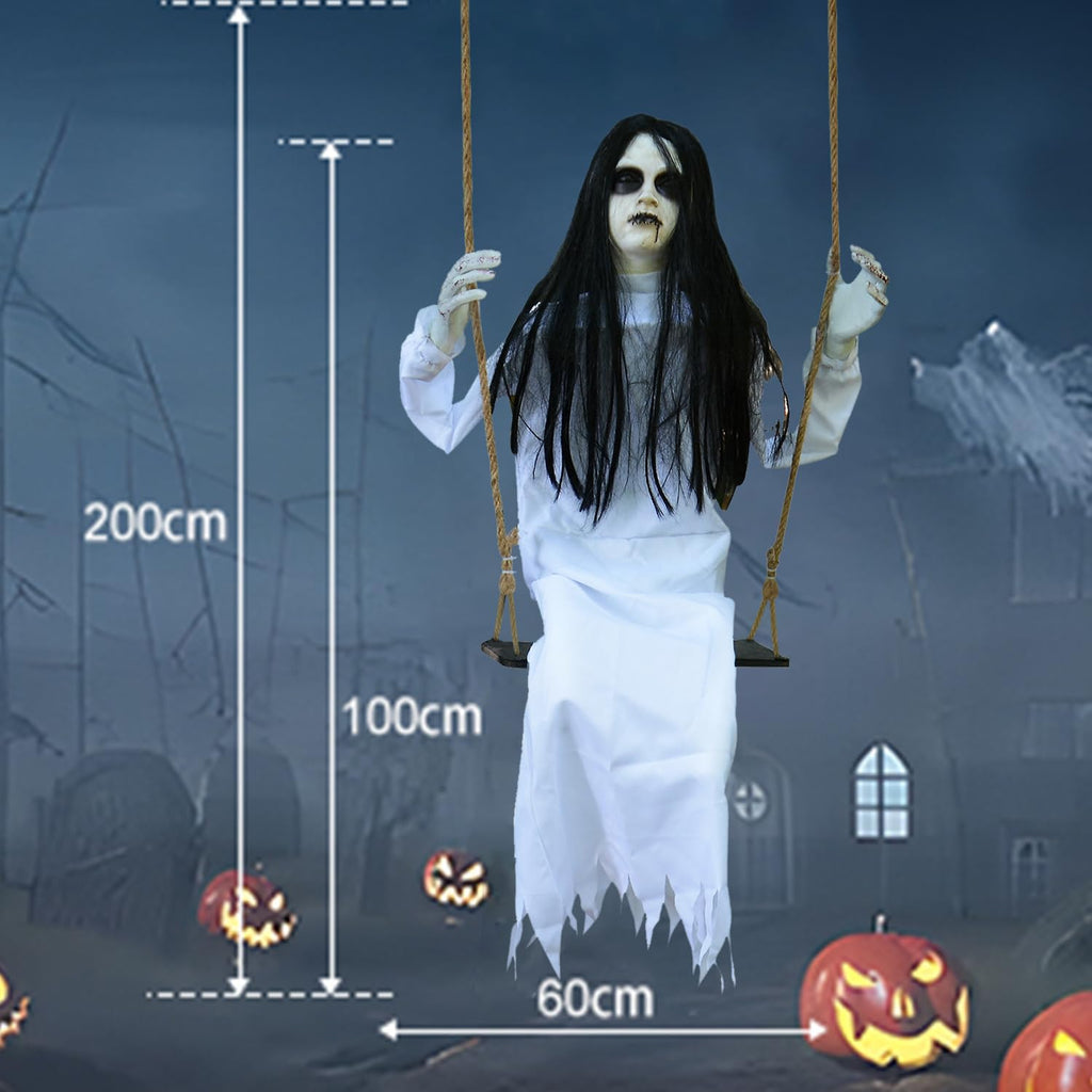 PARTYGEARS Halloween Decorations Props Hanging Swinging Girl with Creepy Expressions, Hanging Ghosts The Best Indoor and Outdoor Scary Decorations for Halloween(White)