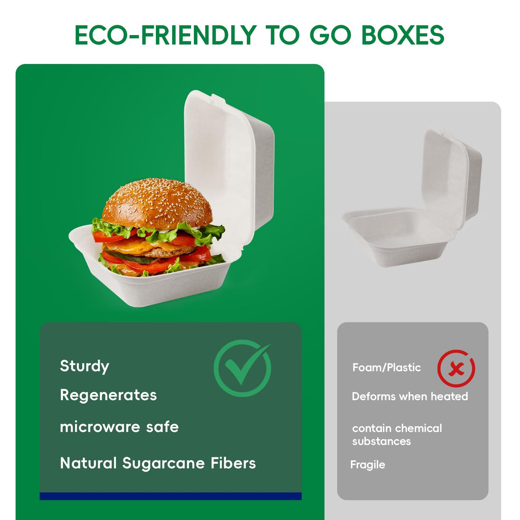 JOLLY CHEF Clamshell Take Out Food Containers, [6 * 6" 200-Pack] To Go Containers Disposable, Sugarcane To Go Boxes for Salad,Lunch