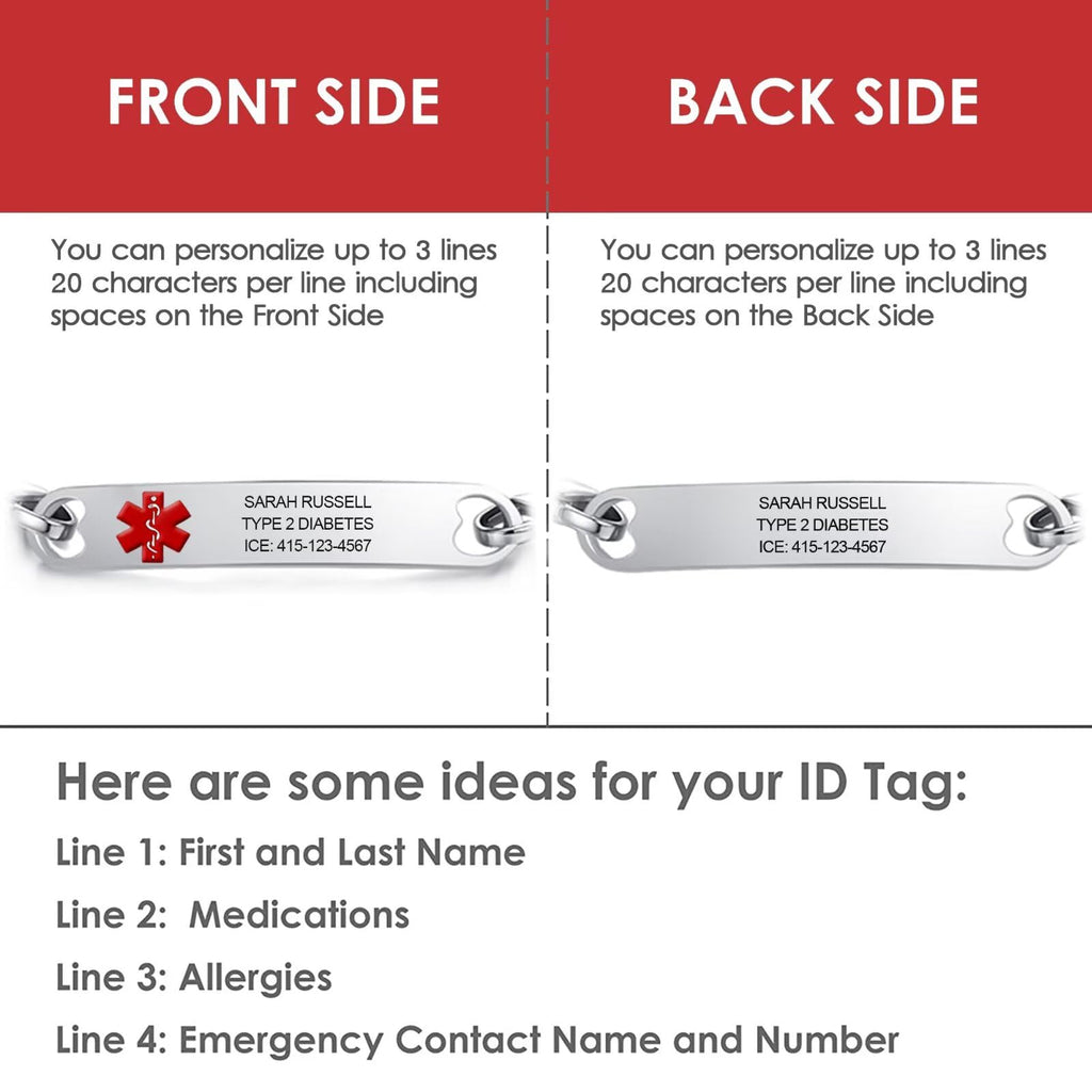 Personalized Medical Alert ID Bracelets for Women & Men Stainless Steel