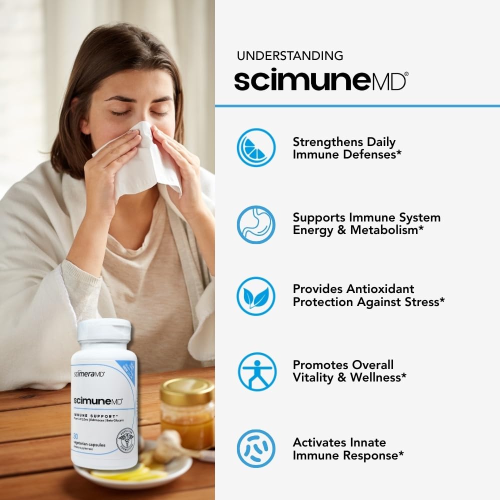 ScimeraMD® Scimune Immune Support Supplement with Zinc, Quercetin, Vitamin C, Echinacea & Wellmune® Beta Glucan, 30 Capsules