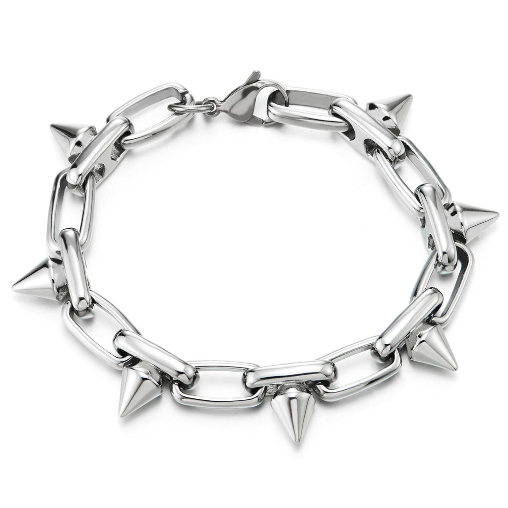COOLSTEELANDBEYOND Men’s Stainless Steel Spiked Paperclip Link Bracelet With Lobster Clasp, Punk Rock Chain Wristband