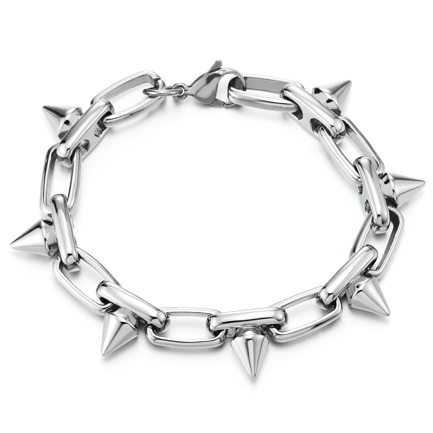 COOLSTEELANDBEYOND Men’s Stainless Steel Spiked Paperclip Link Bracelet With Lobster Clasp, Punk Rock Chain Wristband