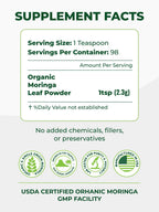PURA VIDA MORINGA Organic Moringa Leaf Powder, Premium 100% Leaf Powder Single Origin - USDA Organic Moringa Oleifera, Perfect for Smoothies & Recipes, 8 oz