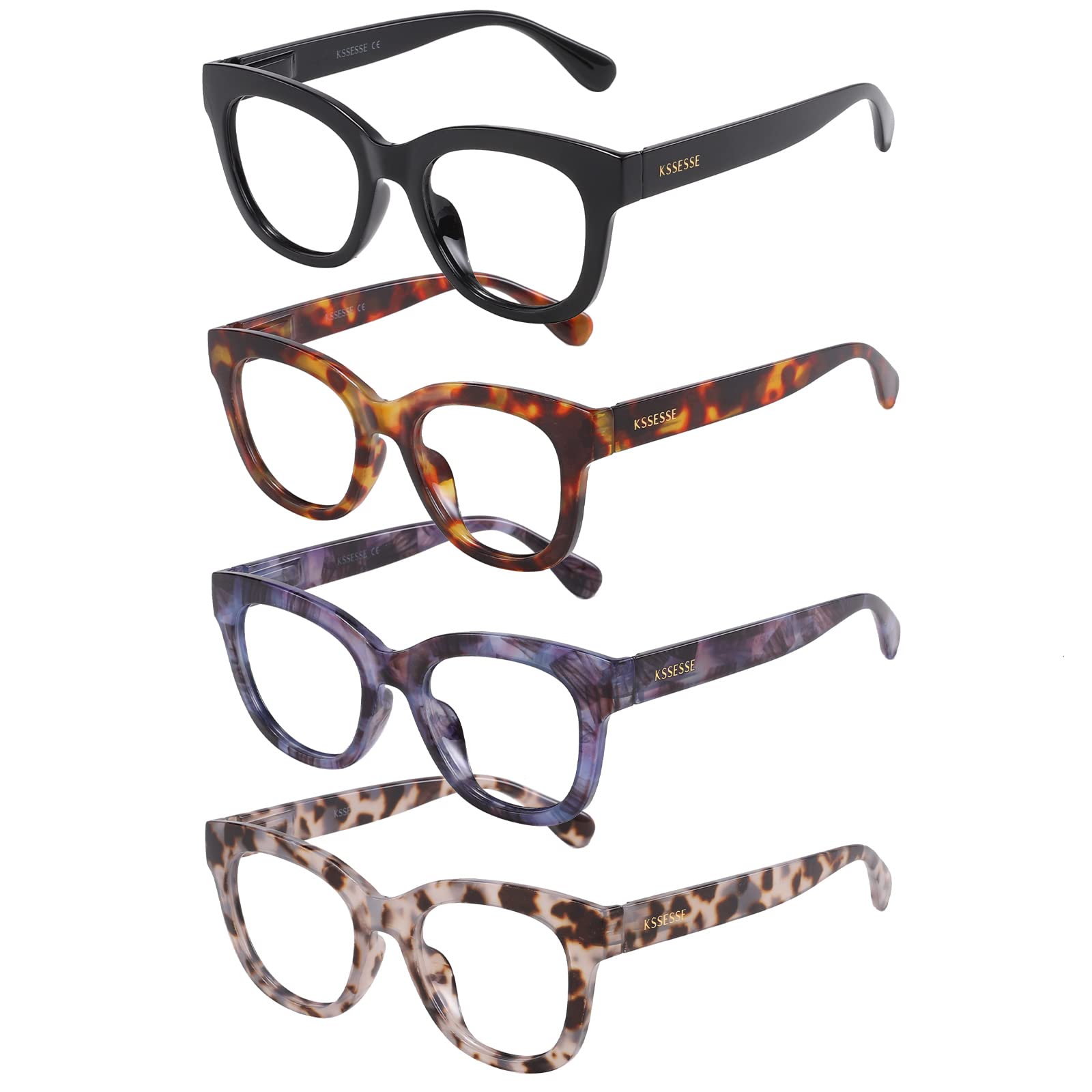 KSSESSE Reading Glasses for Women Men Square Oval Readers with Spring Hinge Thick Frame Style (Mixed Colors-C1, 1.75, x)