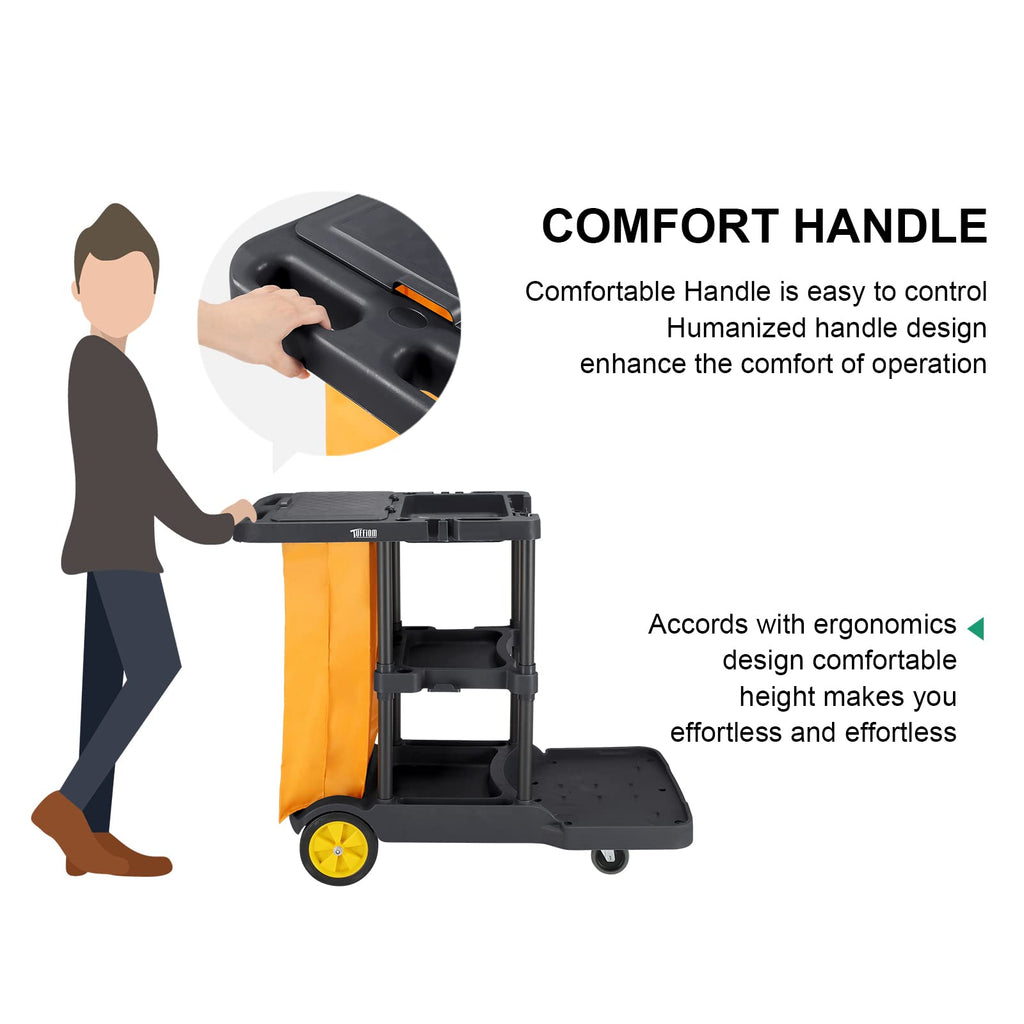 TUFFIOM Extra Large Commercial Traditional Cleaning Janitorial 3-Shelf Cart, 500 Lbs Capacity Housekeeping Cart, 42.5" L x 18.7" W x 37.6" H, Wheeled with 22 Gallon Yellow VinylBag Cover w Lid, Black