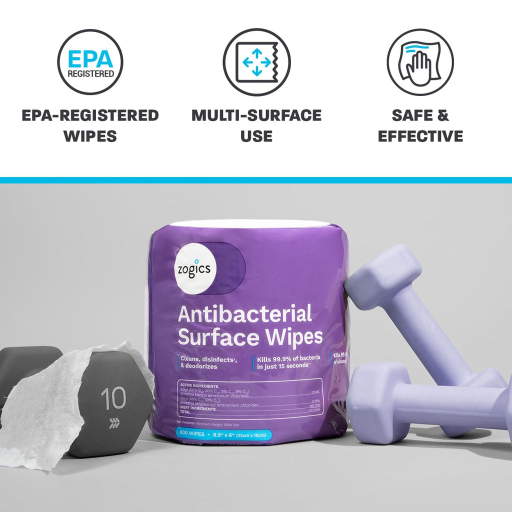 Zogics Antibacterial Wipes – Disinfecting Wipes for Sanitizing and Cleaning Surfaces and Equipment, EPA Registered Antibacterial Cleaning Wipes (3,200 Count – 4 Rolls of 800 Wipes)