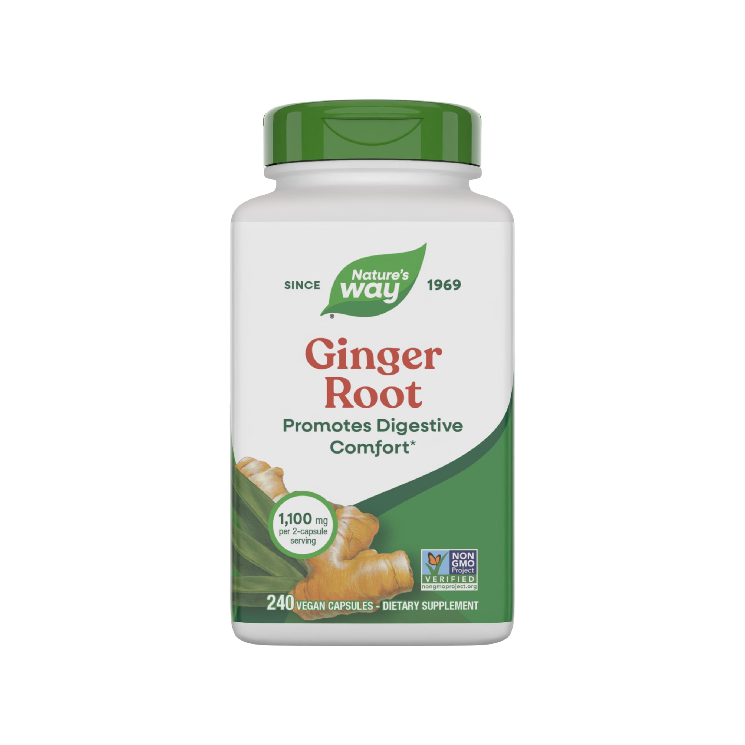 Nature’s Way Ginger Root Capsules, 1100 mg per 2-Capsule Serving Ginger Supplement for Digestive Comfort and Motion-Related Nausea Support*, Vegan, Non-GMO Project Verified, 240 Count