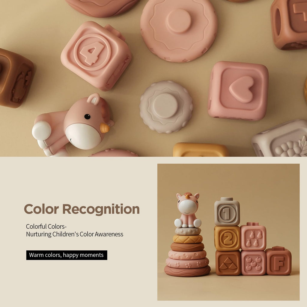 Nueplay 13 Pcs Building Circle & Blocks, Stacking & Nesting Baby Toys with Horse Figure, Newborn Essentials Squeeze Teething Toy Gifts for 6 12 18 Months Baby Toddler Girls