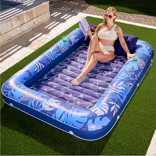 SLOOSH Inflatable Tanning Pool Lounger Float, 85" x 57" Extra Large Pool Floats Adult with Pillow, 4 in 1 Suntan Tub Raft Floatie,Sunbathing Bed Lounge for Water Blow Up Ball Pit, XL-Dark Blue