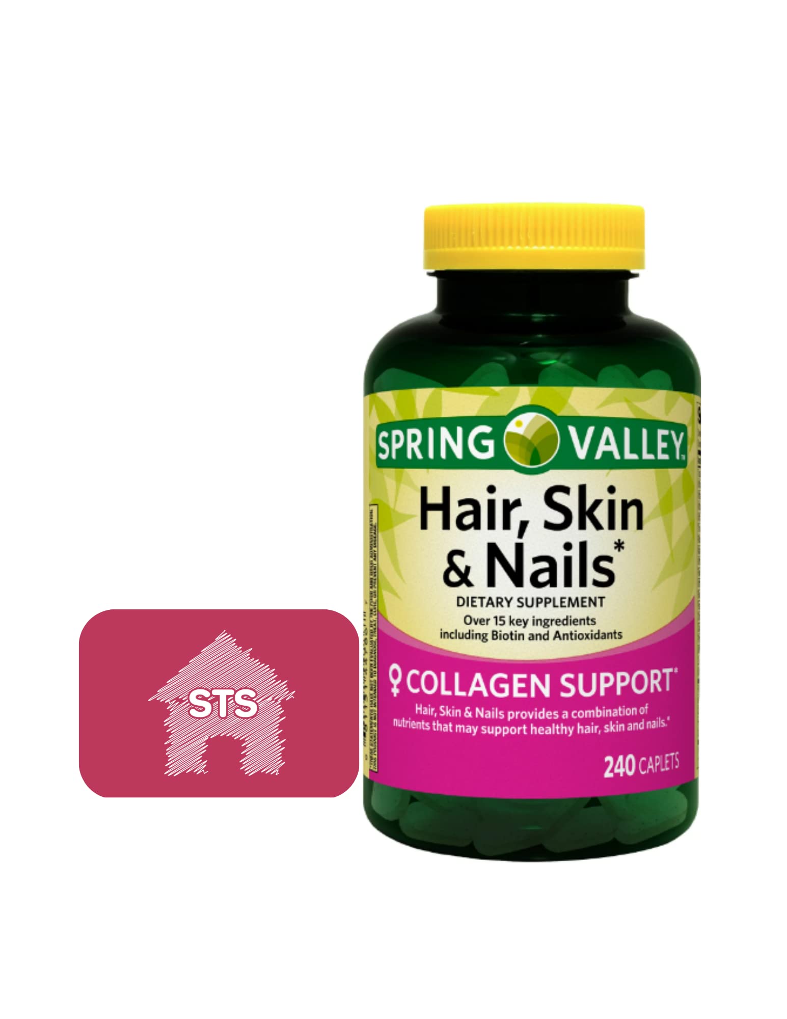 Spring Valley Hair, Skin & Nails Caplets, 240 Count + STS Sticker.