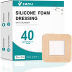 40 Pcs Silicone Foam Dressing 2x2 Gentle Border, Waterproof Silicone Bandages for Wounds Care, Bed Sore Patches, Super Absorbent Wound Dressing, Self Adhesive Pressure Sore Pads (40)