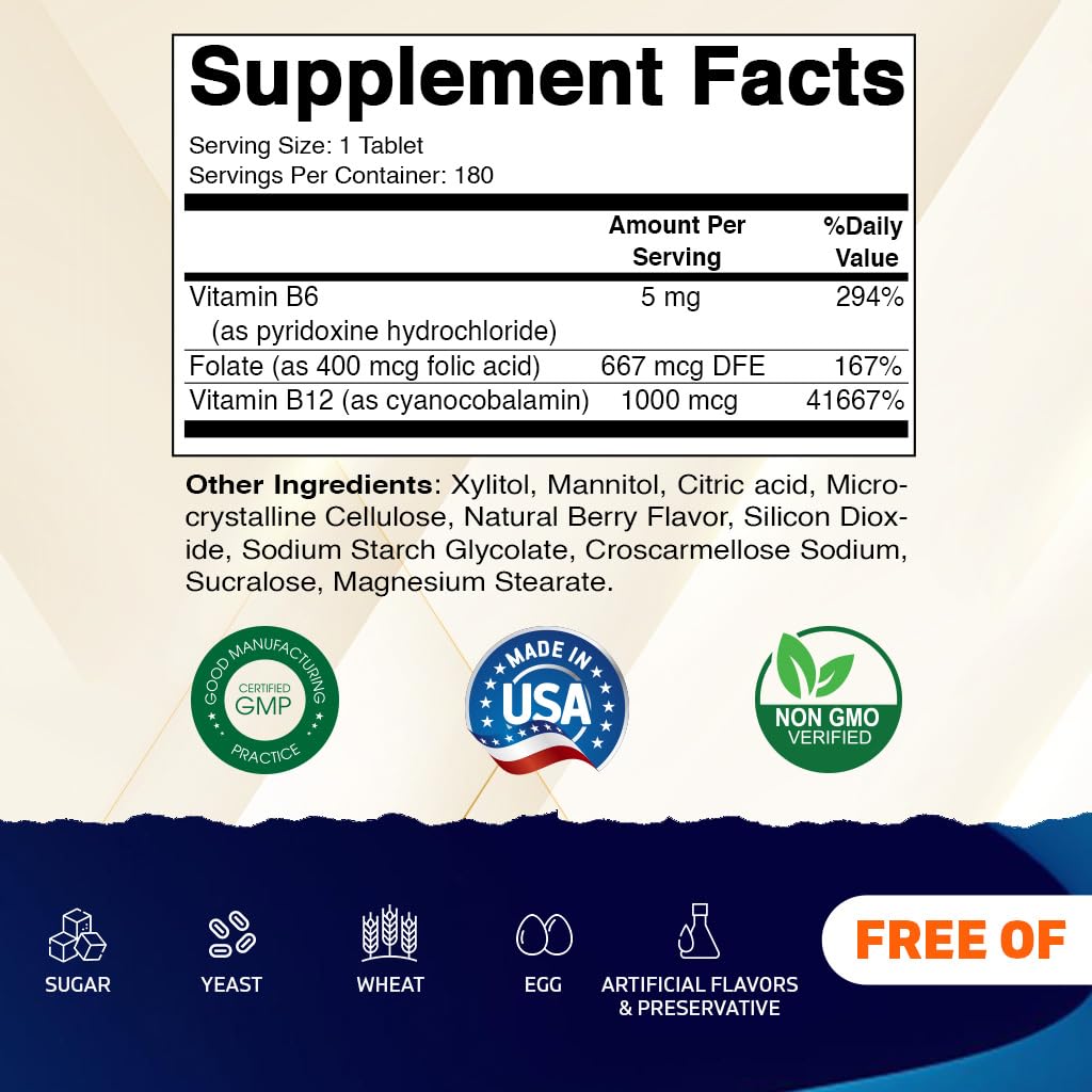 Vitamatic Folic Acid, Vitamin B12 & B6 – 180 Fast Dissolve Tablets Heart Health, Energy Production & Red Blood Cell Support (Pack of 2)